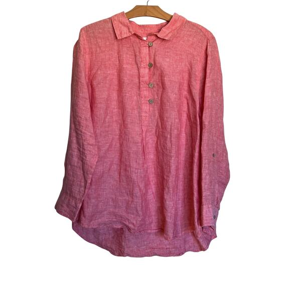 Sigrid Olsen 100% Linen Tunic Top Henley Half Button Long Sleeve Coral Blouse 1X - Picture 1 of 9
